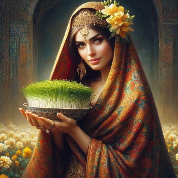 Foto uma mulher iraniana com sementes de brotos verdes cultivados em um dis usado nas cerimônias de nowruz