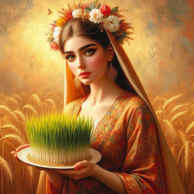 Foto uma mulher iraniana com sementes de brotos verdes cultivados em um prato símbolo da mesa haftsin em nowruz