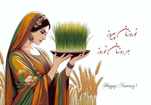 Foto uma mulher iraniana com sementes de brotos verdes cultivados em um prato símbolo da mesa haftsin em nowruz