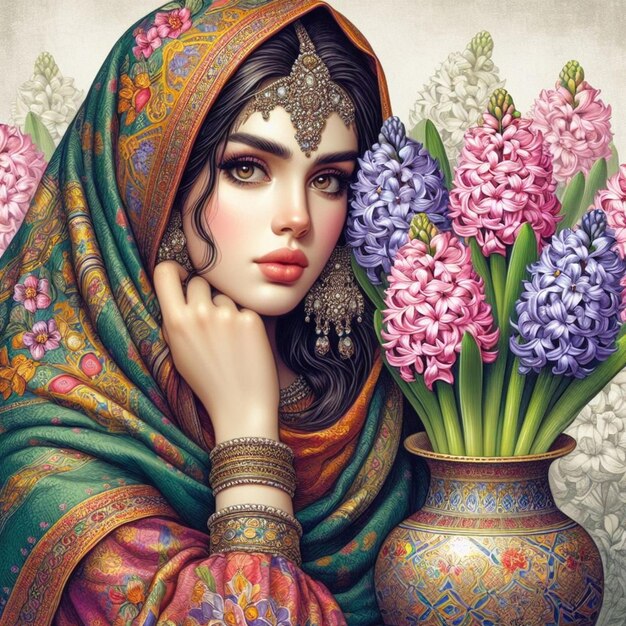 Uma mulher iraniana com um vaso cheio de flores de jacinto símbolo da mesa Haftsin em Nowruz