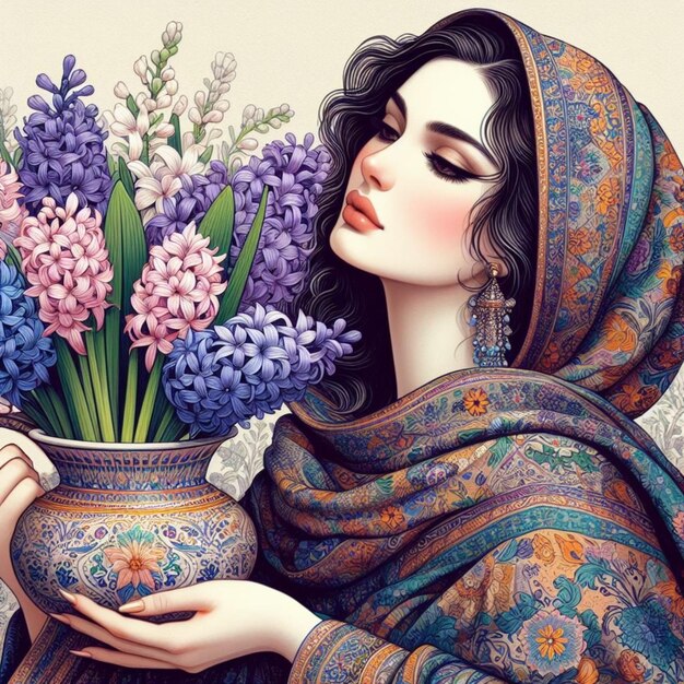 Foto uma mulher iraniana com um vaso cheio de flores de jacinto símbolo da mesa haftsin em nowruz