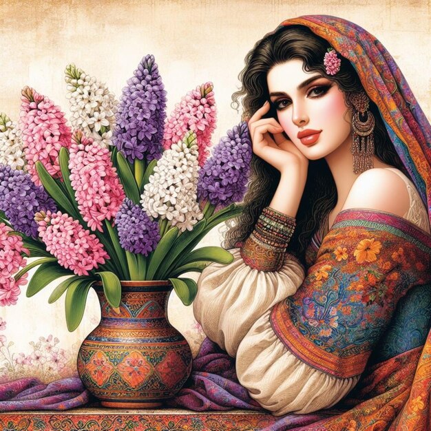 Uma mulher iraniana com um vaso cheio de flores de jacinto usadas nas cerimônias de Nowruz