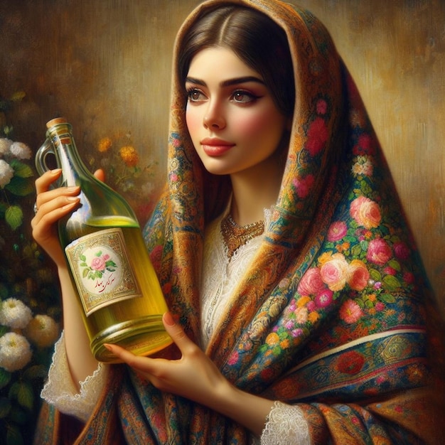 Foto uma mulher iraniana com uma garrafa cheia de vinagre, um dos símbolos da mesa haftsin no nowruz iraniano