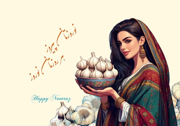 Foto uma mulher iraniana com uma tigela cheia de alho, um dos símbolos da mesa haftsin no nowruz iraniano