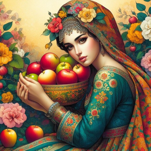 Foto uma mulher iraniana com uma tigela cheia de maçãs usadas nas cerimônias de nowruz