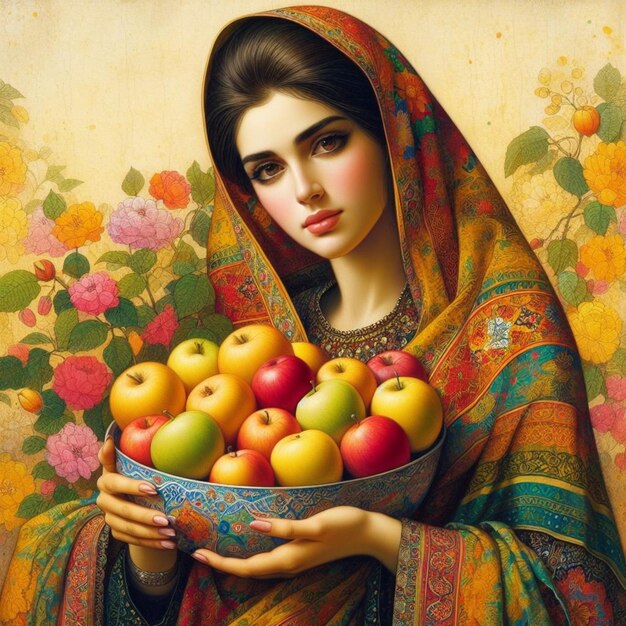 Uma mulher iraniana com uma tigela cheia de maçãs usadas nas cerimônias de Nowruz
