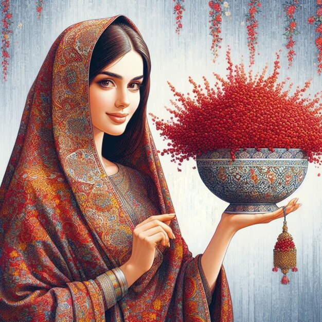 Foto uma mulher iraniana com uma tigela cheia de sumaco usado nas cerimônias de nowruz