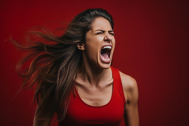 uma mulher irritada com a boca aberta sobre um fundo vermelho