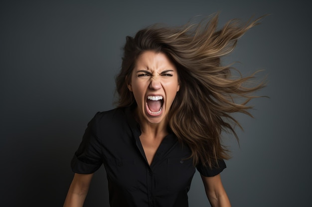 uma mulher irritada com o cabelo balançando ao vento