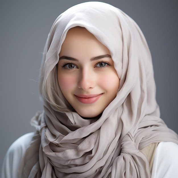 uma mulher islâmica com hijab syari mostrando seu sorriso