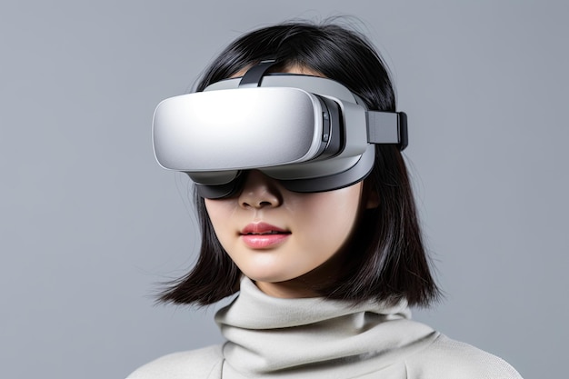 Uma mulher japonesa a entrar no mundo da realidade virtual com um headset de realidade virtual