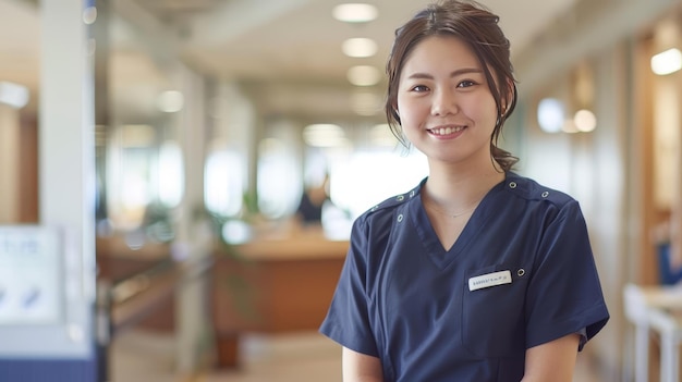 Uma mulher japonesa vestida de uniforme trabalha como recepcionista em uma clínica dentária