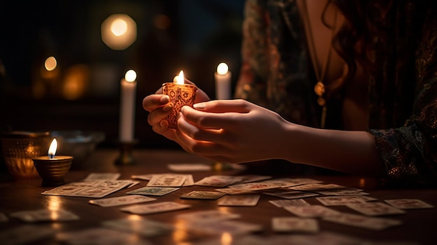 Foto uma mulher jogando cartas com uma vela acesa ao fundo