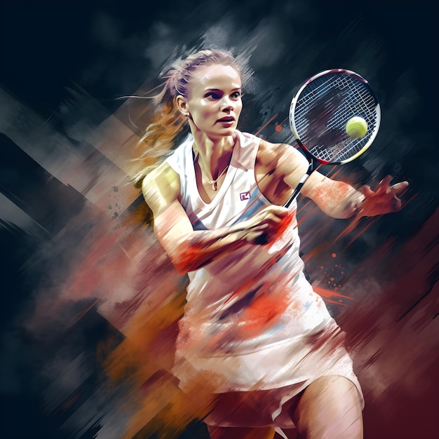 Uma mulher jogando tênis com uma raquete e uma bola na mão.