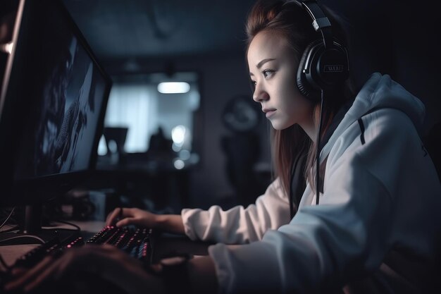 Uma mulher jogando um jogo em um computador