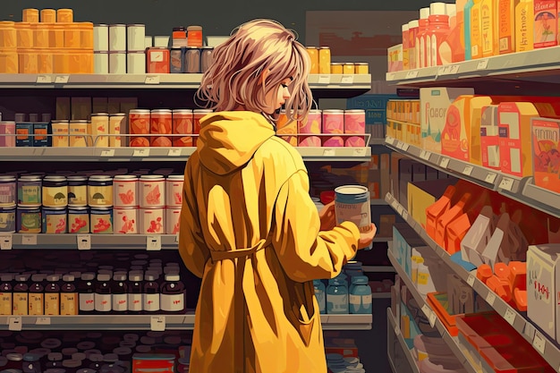Foto uma mulher jovem com um casaco amarelo escolhe cosméticos em uma mulher de supermercado com compras entre as prateleiras da loja ai gerado