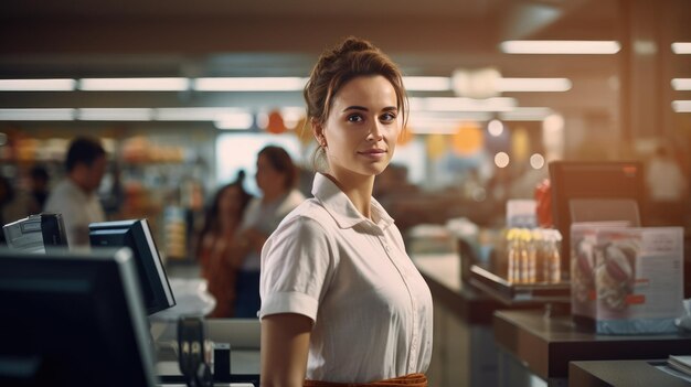 uma mulher jovem no supermercado comprando mantimentos fazendo compras em uma mercearia fazendo compras