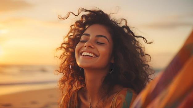 Uma mulher latina alegre a relaxar-se na costa com as pálpebras fechadas durante o anoitecer uma linda senhora multirracial a saborear a brisa a deslizar as fechaduras uma juventude sedutora a inalar o ar fresco na praia no verão