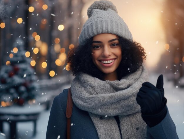 Foto uma mulher latino-americana está bem com roupas de inverno no fundo de natal, bom humor, meio corpo