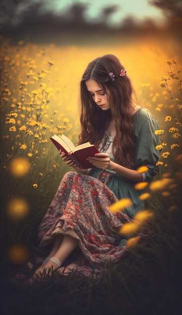 Uma mulher lendo um livro em um campo de flores