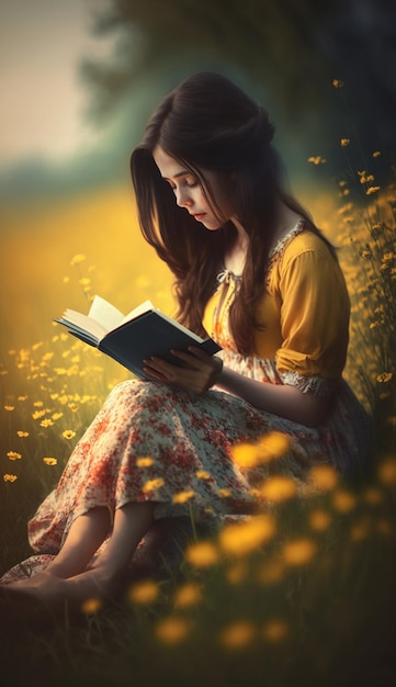 Uma mulher lendo um livro em um campo de flores.