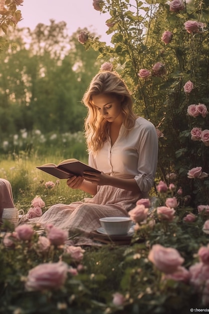 Uma mulher lendo um livro em um jardim