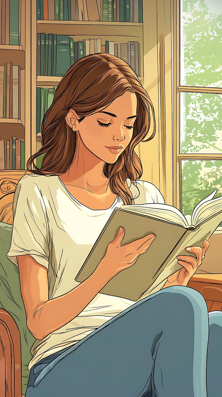 Foto uma mulher lendo um livro em uma sala aconchegante iluminada pelo sol cheia de estantes de livros