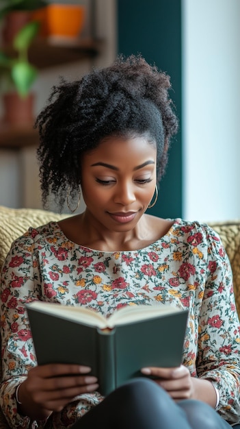 Uma mulher lendo um livro enquanto se relaxa em um sofá aconchegante em uma sala iluminada pelo sol com plantas desfrutando de uma tarde tranquila dentro de casa