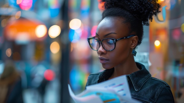 uma mulher lendo um livro enquanto usa óculos lendo um livro