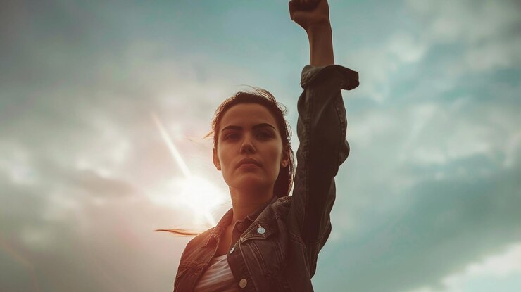 Foto uma mulher levantando o braço no ar.