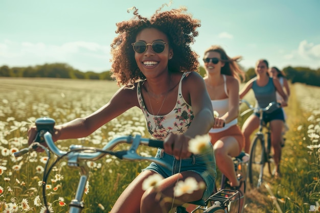 Foto uma mulher liderando um grupo de amigos em um passeio de bicicleta por estradas rurais