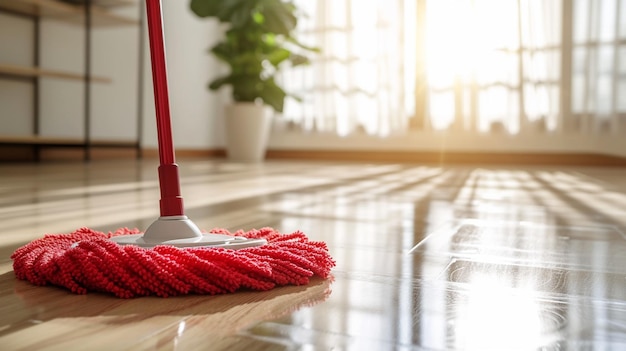 Foto uma mulher limpa o chão na casa com uma vassoura em close-up