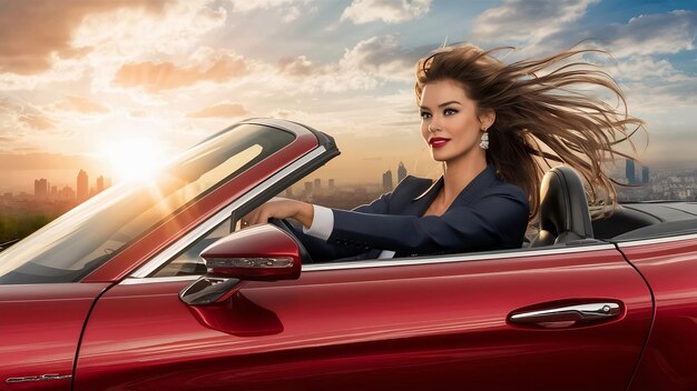 Foto uma mulher linda a conduzir um cabrio vermelho.