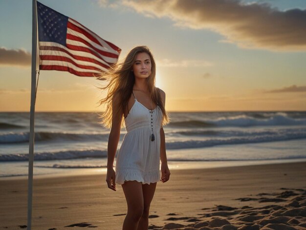 Uma mulher linda a voar com a bandeira dos Estados Unidos.