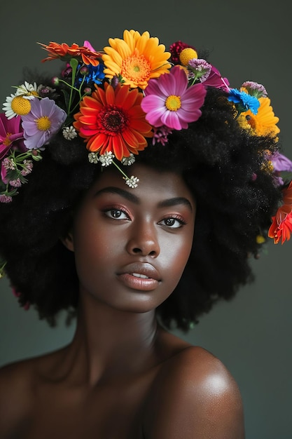 Uma mulher linda com flores na cabeça