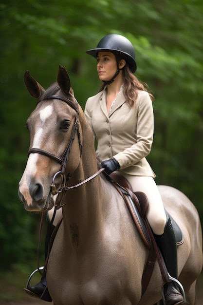 Uma mulher linda com um capacete equestre a cavalo criada com IA generativa