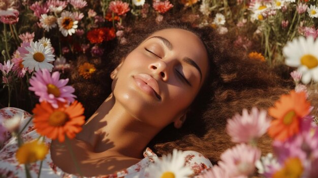 Uma mulher linda deita-se num campo de flores