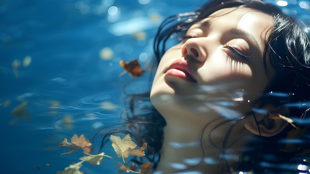 Uma mulher linda está numa piscina azul clara e limpa. Ela fechou os olhos e relaxou.