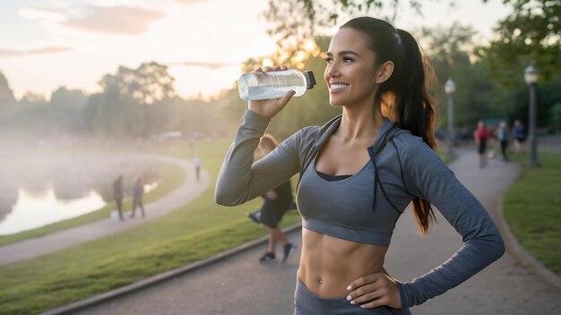 Uma mulher linda sorridente a beber água de garrafa a fazer desporto de manhã no parque.