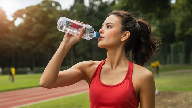 Uma mulher linda sorridente a beber água de garrafa a fazer desporto.