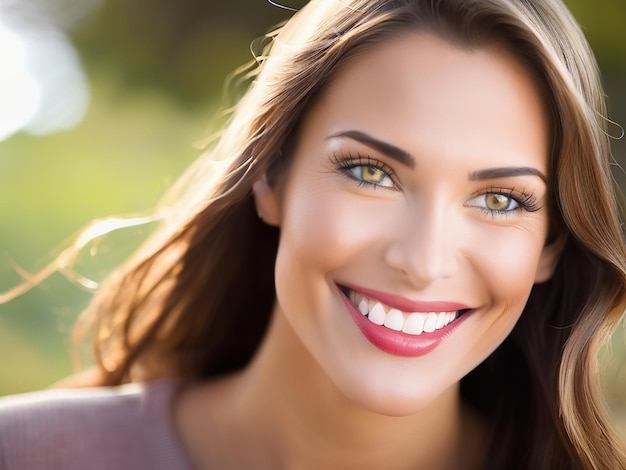 Uma mulher linda sorrindo olhando para a câmera ao ar livre