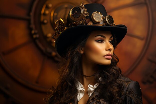 uma mulher linda vestindo um chapéu steampunk