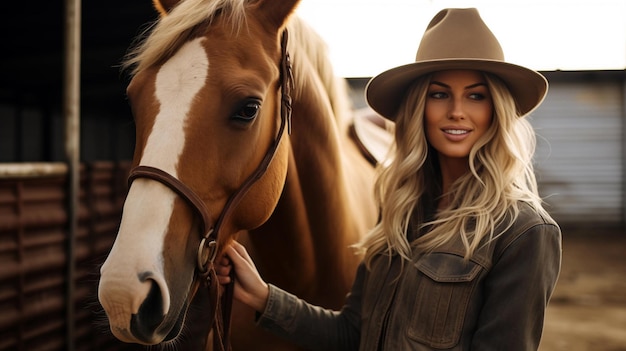 Uma mulher loira com um chapéu e roupas de equitação está ao lado de um cavalo castanho em uma fazenda