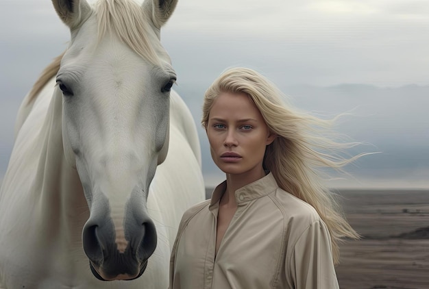 uma mulher loira de pé ao lado de um cavalo branco no estilo de bege escuro e luz