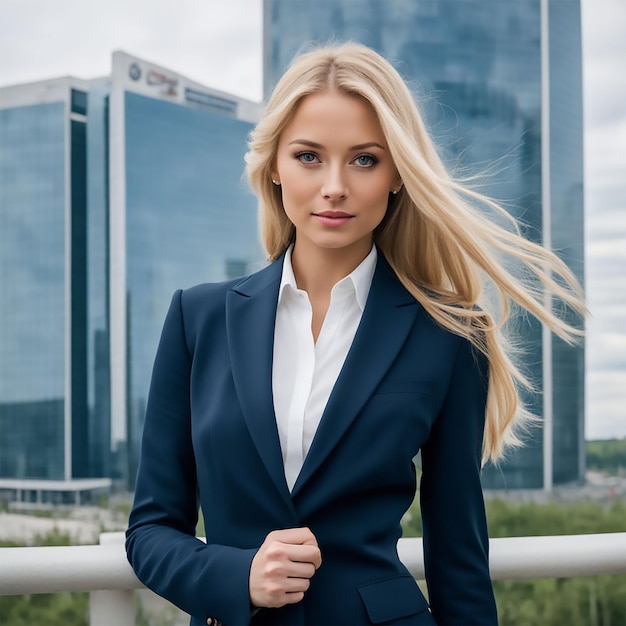 Foto uma mulher loira em um terno azul está em frente a um edifício alto