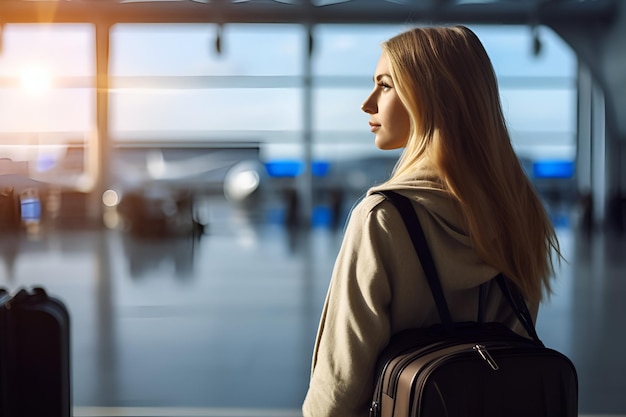 Foto uma mulher loira vestida com um casaco de pé no aeroporto com uma mala