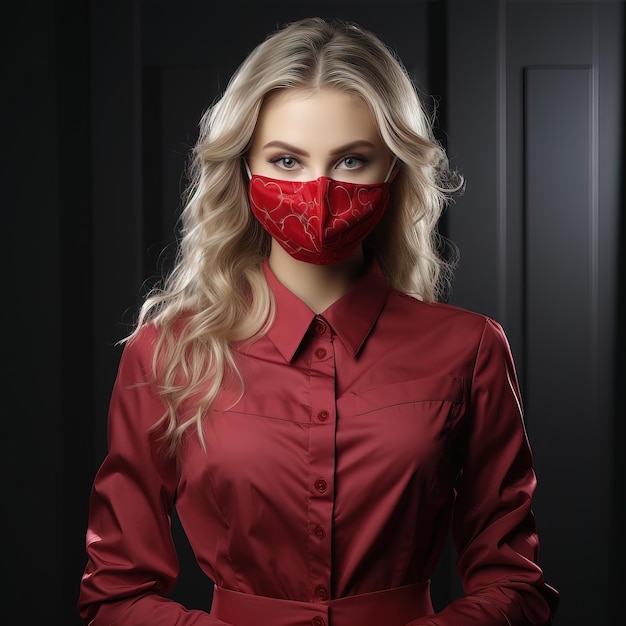 uma mulher loira vestindo uma camisa vermelha com uma máscara vermelha em seu rosto