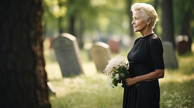 Uma mulher madura de vestido preto fica em um cemitério em um dia ensolarado de verão
