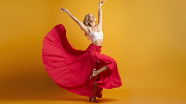Uma mulher magnífica com uma saia longa e brilhante a dançar no estúdio.