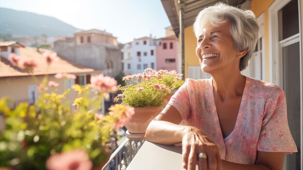 Uma mulher mais velha alegre senta-se numa varanda entre flores e sorri